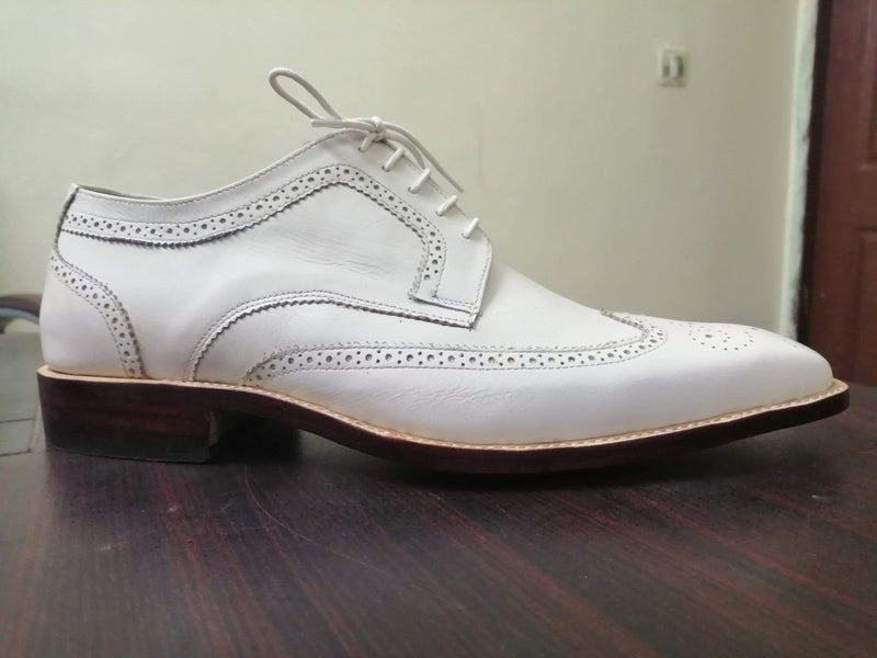 Handmade White Leather Wing Tip Brogue Shoes - leathersguru