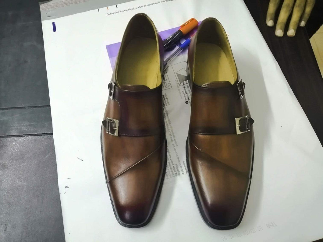 Handmade Brown Color Double Monk Leather Shoe - leathersguru