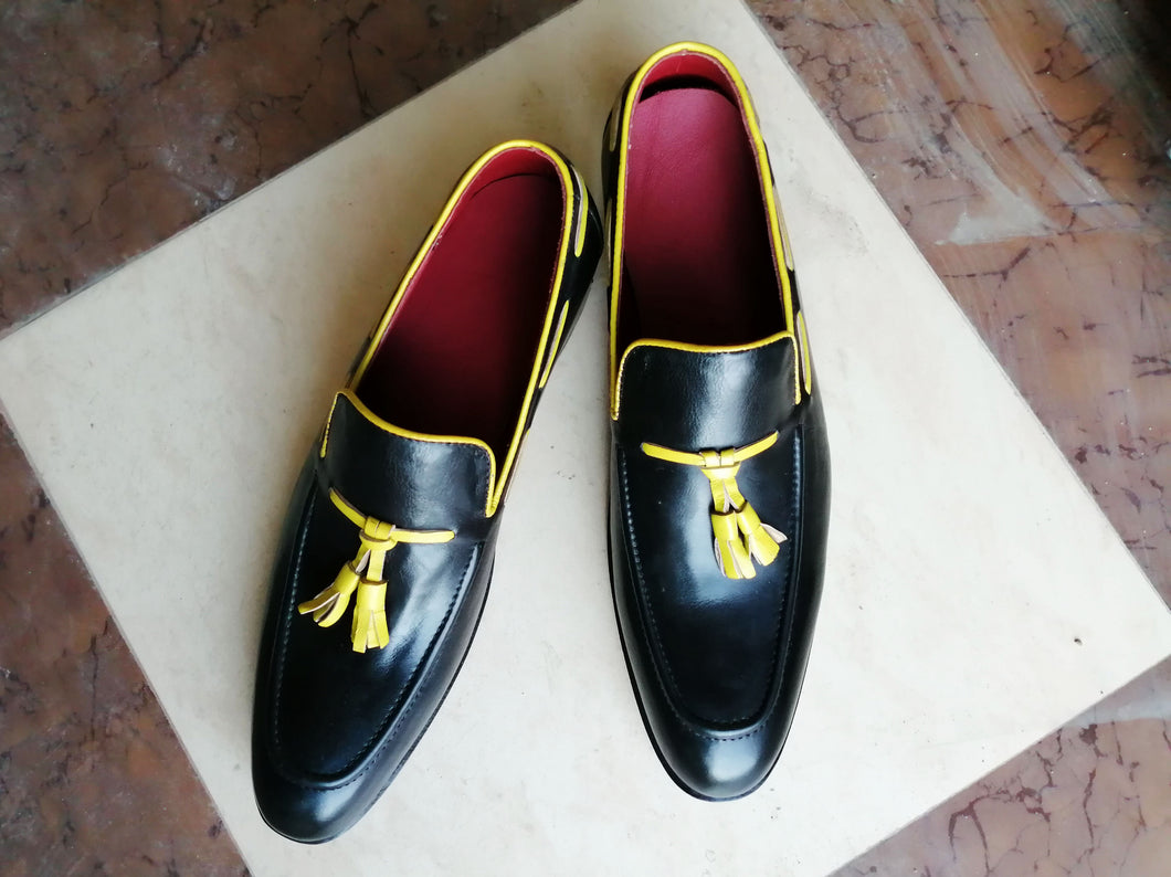 Bespoke Yellow & Black Tussle Loafer Leather Shoe for Men's - leathersguru