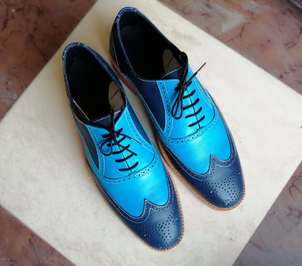 Bespoke Sky Blue & Blue Leather Wing Tip Lace Up Shoes - leathersguru