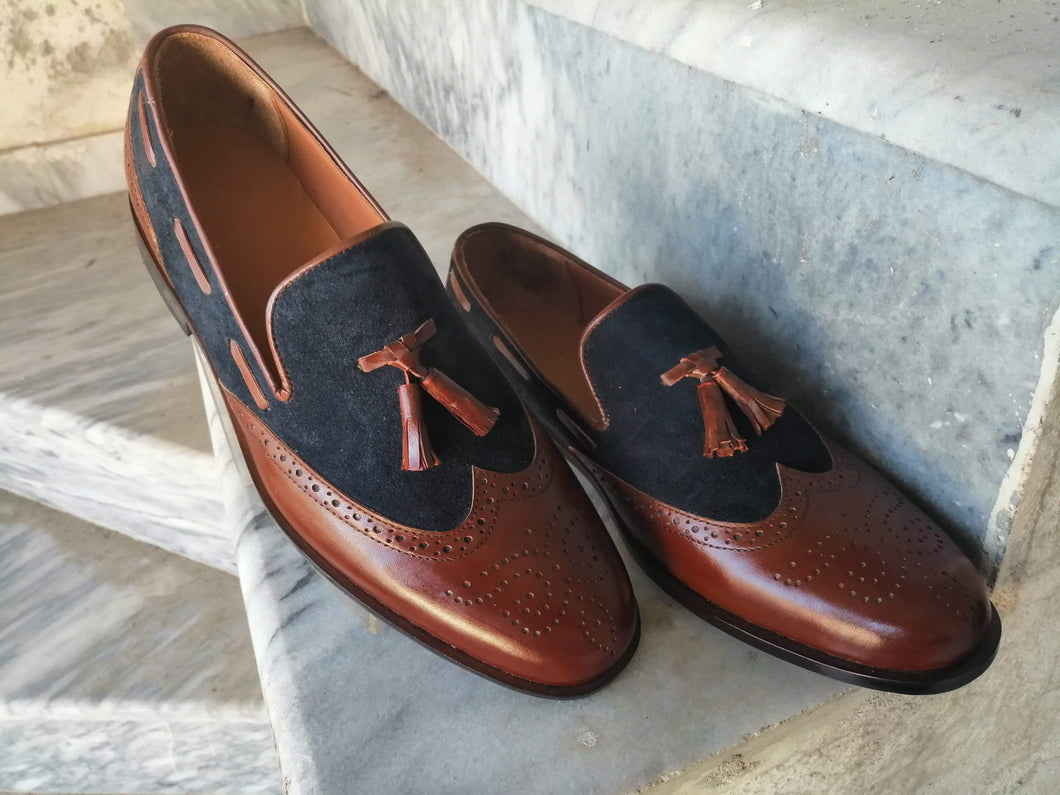 Handmade Two Tone Leather Suede Tussles Shoe - leathersguru