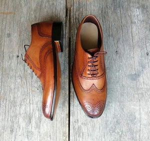 Men's Brogue Wing Tip Brown Leather Shoes - leathersguru