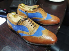 Load image into Gallery viewer, Men&#39;s Two Tone Wing Tip Brogue Denim Leather Shoes - leathersguru
