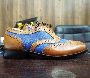 Men's Two Tone Wing Tip Brogue Denim Leather Shoes - leathersguru