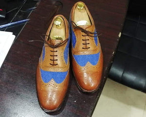 Men's Two Tone Wing Tip Brogue Denim Leather Shoes - leathersguru