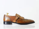 Bespoke Tan Leather Fringe Monk Strap Shoes for Men's - leathersguru