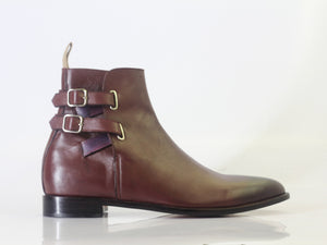 Bespoke Burgundy Leather Ankle High Double Buckle Up Boot - leathersguru