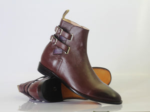 Bespoke Burgundy Leather Ankle High Double Buckle Up Boot - leathersguru