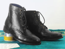 Load image into Gallery viewer, Bespoke Black Leather Ankle Wing Tip Brogue Lace Up Boot - leathersguru
