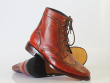 Load image into Gallery viewer, Bespoke Tan Brown Leather Ankle High Wing Tip Lace Up Boot - leathersguru
