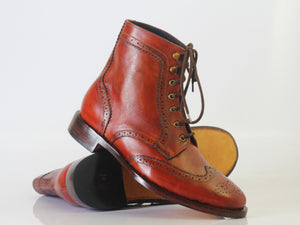Bespoke Tan Brown Leather Ankle High Wing Tip Lace Up Boot - leathersguru