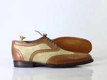 Load image into Gallery viewer, Bespoke Brown Beige Leather Suede Wing Tip Lace Up Shoes - leathersguru
