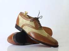 Load image into Gallery viewer, Bespoke Brown Beige Leather Suede Wing Tip Lace Up Shoes - leathersguru
