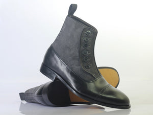 Bespoke Black Leather Suede Ankle Button Top Cap Toe Boot - leathersguru