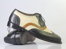 Bespoke Beige Black Wing Tip Lace Up Shoe for Men's - leathersguru