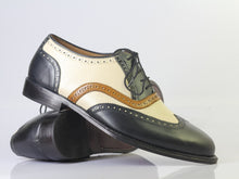 Load image into Gallery viewer, Bespoke Beige Black Wing Tip Lace Up Shoe for Men&#39;s - leathersguru
