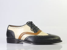 Load image into Gallery viewer, Bespoke Beige Black Wing Tip Lace Up Shoe for Men&#39;s - leathersguru
