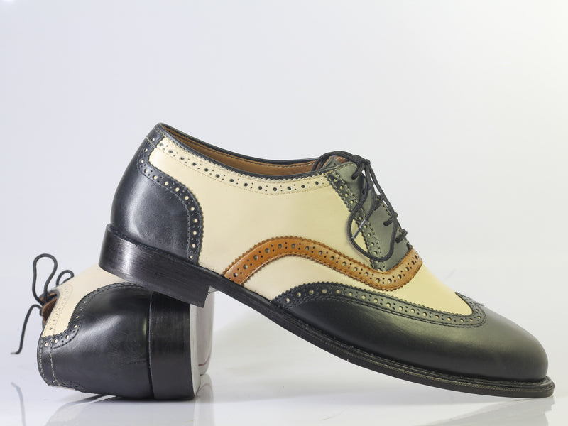 Bespoke Black Beige Leather Tan Cap Toe Lace Up Shoe for Men - leathersguru