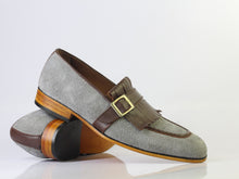 Load image into Gallery viewer, Bespoke Grey Brown Buckle Loafers for Men&#39;s - leathersguru
