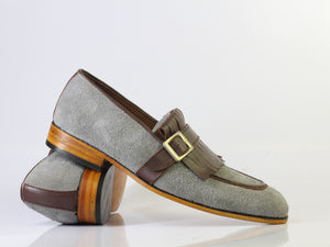 Bespoke Grey Brown Buckle Loafers for Men's - leathersguru