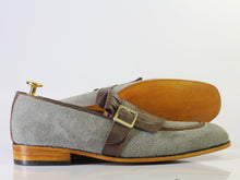 Load image into Gallery viewer, Bespoke Gray Brown Fringe Loafer Suede Monk Strap Shoe for Men - leathersguru

