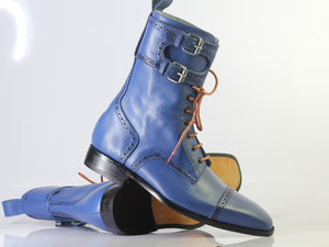 Bespoke Blue Ankle High Cap Toe Buckle Lace Up Boots for Men's - leathersguru