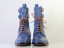 Load image into Gallery viewer, Bespoke Blue Ankle High Cap Toe Buckle Lace Up Boots for Men&#39;s - leathersguru
