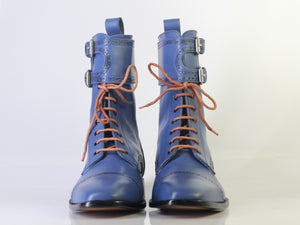 Bespoke Blue Ankle High Cap Toe Buckle Lace Up Boots for Men's - leathersguru