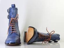 Load image into Gallery viewer, Bespoke Blue Ankle High Cap Toe Buckle Lace Up Boots for Men&#39;s - leathersguru
