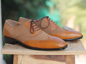 Bespoke Brown & Tan Suede Wing Tip Brogue Toe Lace Up Shoe for Men - leathersguru