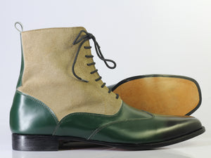 Bespoke Green Beige Leather Suede Ankle Wing Tip Lace Up Boot - leathersguru