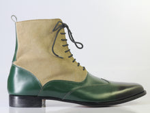 Load image into Gallery viewer, Bespoke Green Beige Leather Suede Ankle Wing Tip Lace Up Boot - leathersguru

