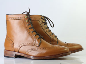 Bespoke Brown Leather Ankle Wing Tip Brogue Toe Boots - leathersguru