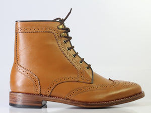 Bespoke Brown Wing Tip Brogue Lace Up Boots for Men - leathersguru