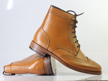 Load image into Gallery viewer, Bespoke Brown Leather Ankle Wing Tip Brogue Toe Boots - leathersguru
