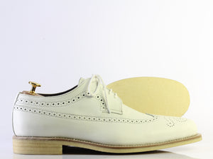 Bespoke White Leather Wing Tip Lace Up Shoe for Men's - leathersguru