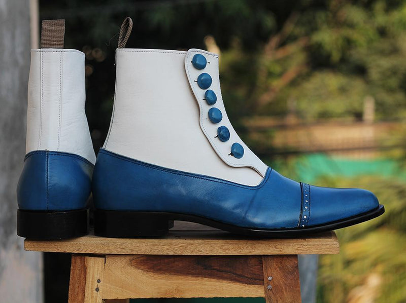 White Blue Button Leather Ankle Boots - leathersguru