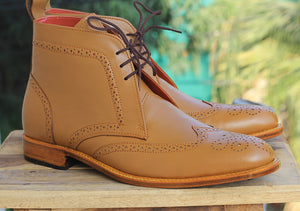 Bespoke Tan Leather  High Ankle Wing Tip Lace Up Boots - leathersguru