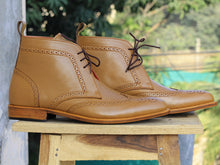 Load image into Gallery viewer, Bespoke Tan Leather  High Ankle Wing Tip Lace Up Boots - leathersguru
