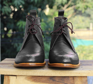 Bespoke Black Chukka Leather Wing Tip Lace Up Boots - leathersguru