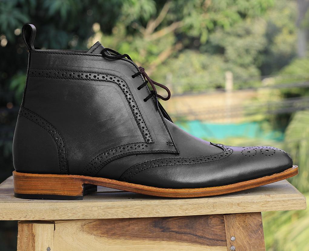 Bespoke Black Chukka Leather Wing Tip Lace Up Boots - leathersguru