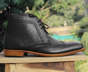 Handmade Black Chukka Wing tip Leather Boot - leathersguru