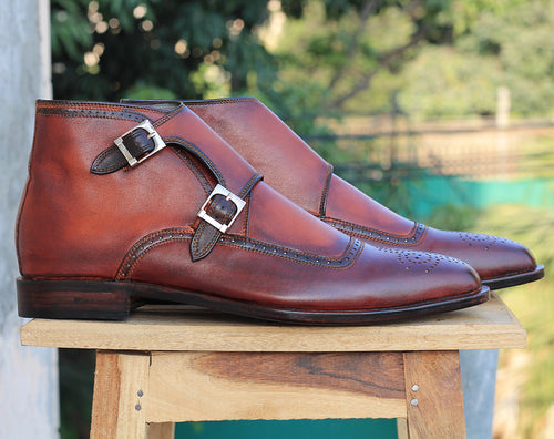 Bespoke Burgundy Chukka Leather Monk Strap Boots - leathersguru