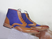 Load image into Gallery viewer, Bespoke Blue &amp; Brown Leather Suede Wing Tip Ankle Lace Up Boot - leathersguru
