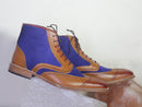 Bespoke Blue & Brown Leather Suede Wing Tip Ankle Lace Up Boot - leathersguru