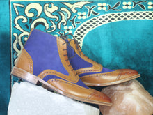 Load image into Gallery viewer, Bespoke Blue &amp; Brown Leather Suede Wing Tip Ankle Lace Up Boot - leathersguru
