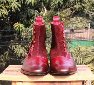 Handmade Burgundy Button Leather Ankle Boot - leathersguru