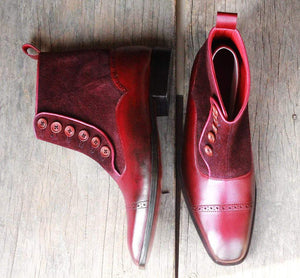 Handmade Burgundy Button Leather Ankle Boot - leathersguru