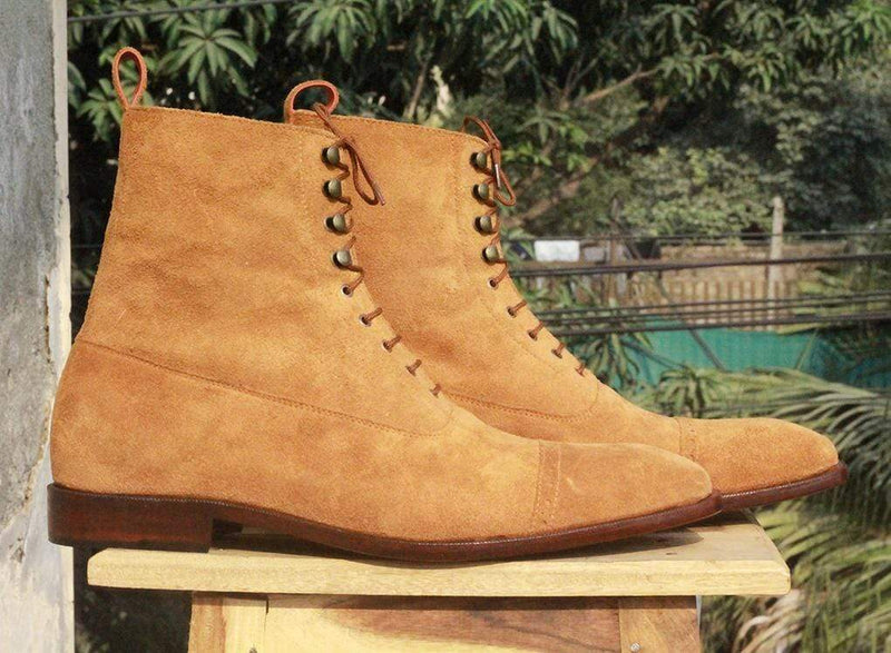 Handmade Tan Suede Cap Toe Ankle Boots - leathersguru