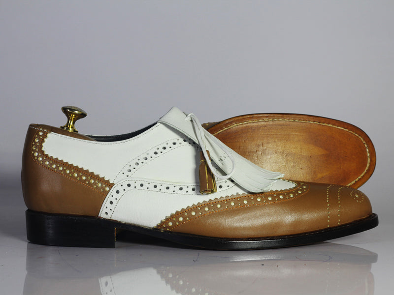 Bespoke White & Brown Leather Fringe Wing Tip Shoes for Men's - leathersguru